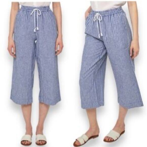 BeachLunchLounge Wide Leg Capri Blue White Striped Linen Blend Size L Drawstring - Picture 1 of 10